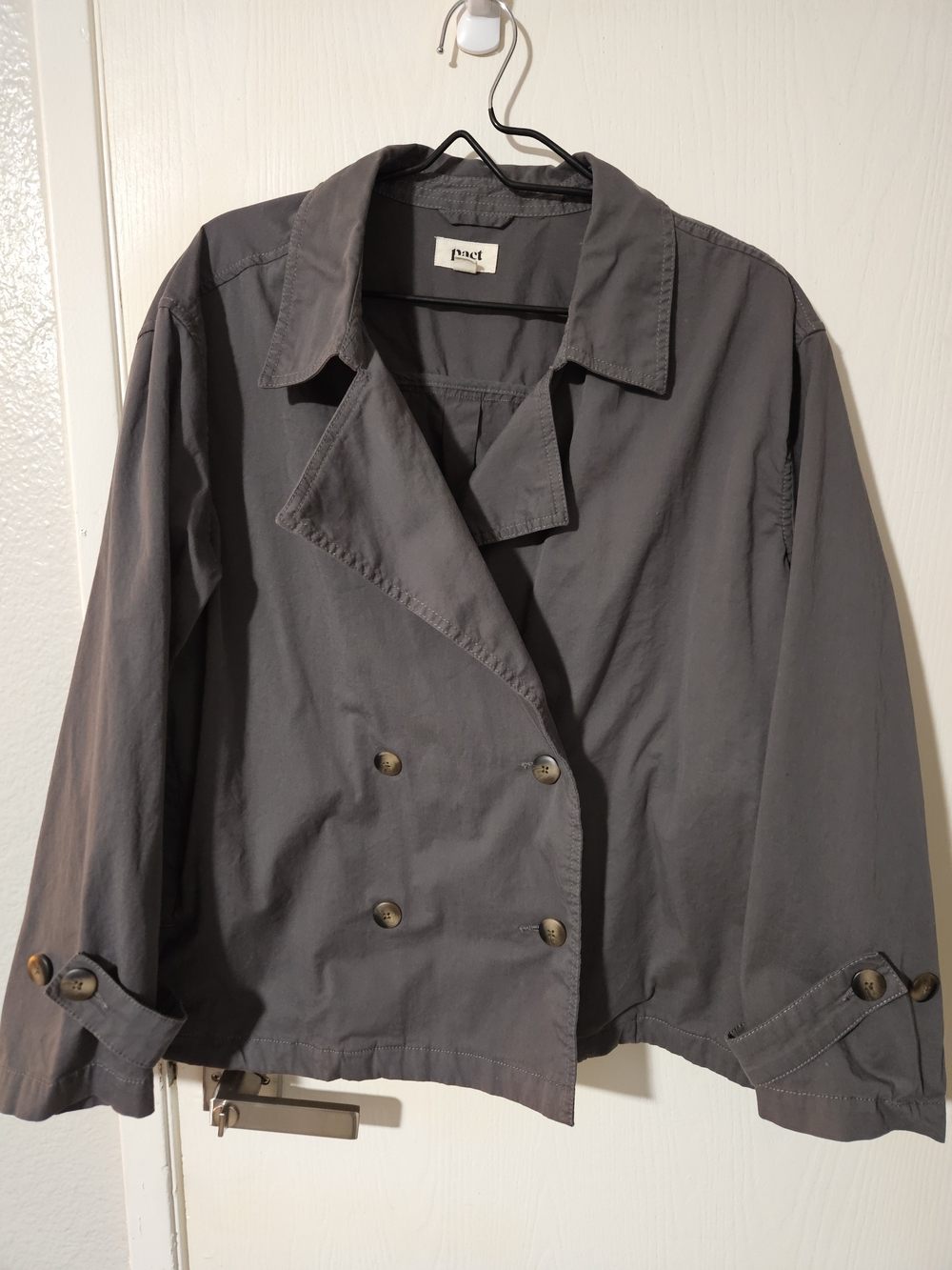 Pact Women's Charcoal Gray Double-Breasted Trench Jacket